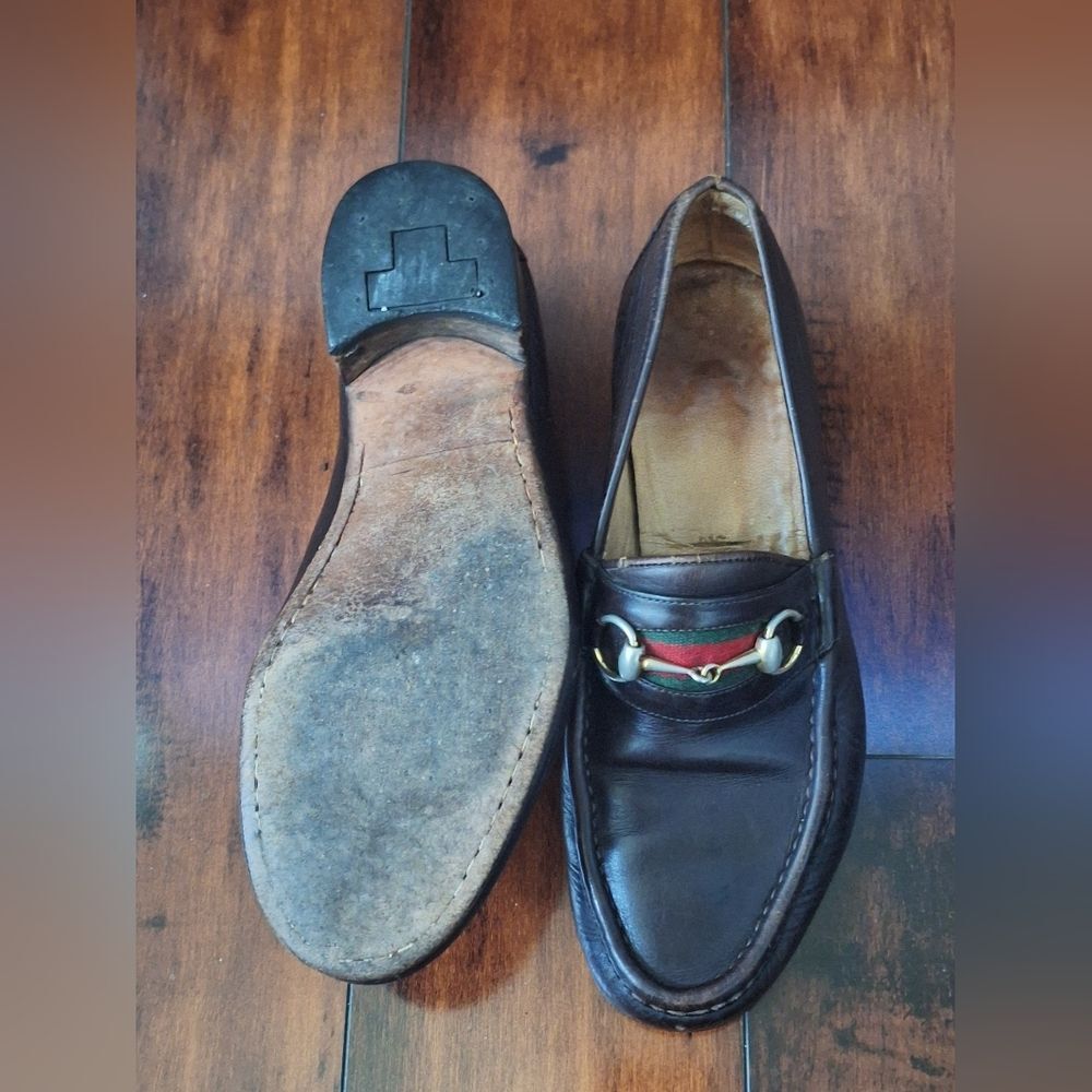 Gucci 80s Men’s Brown Leather 1953 Gold Horsebit Loafers Green Red Web 42 USA 9 - Picture 8 of 12